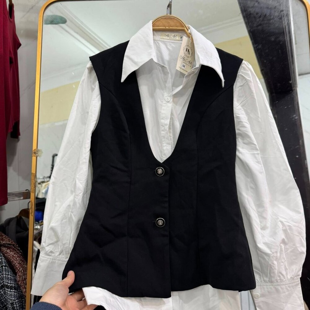 Black White Two-Piece Look Vest Shirt Combo Top Gold Button Layered Blouse